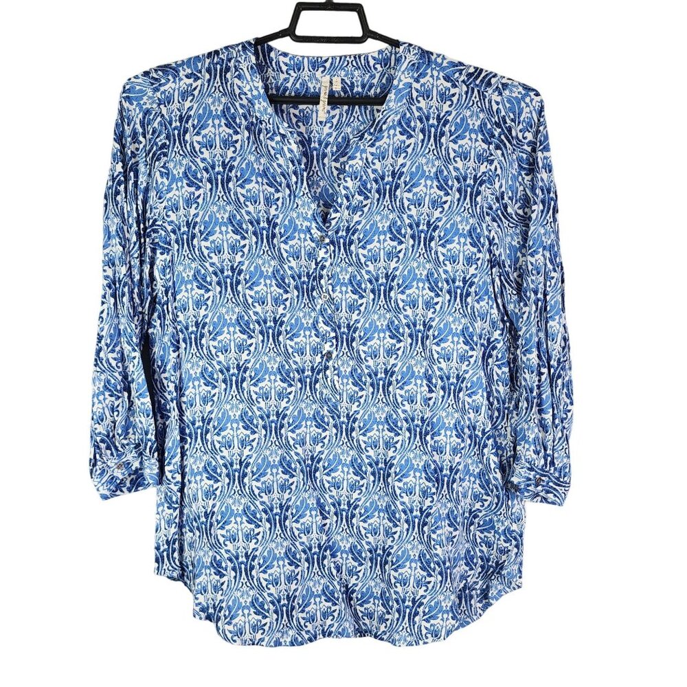 Womens Graal & Greene Top Blouse Blue & White Print V Neck Button Down Size L